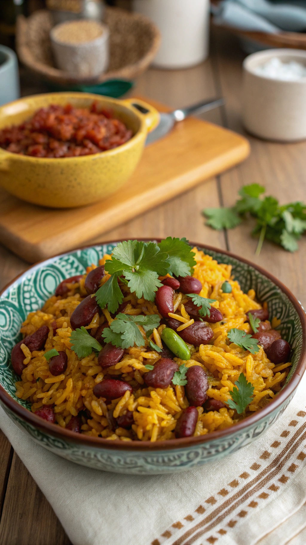 A bowl of classic Spanish rice and beans topped with fresh cilantro, with a side of tomato sauce in a yellow bowl.