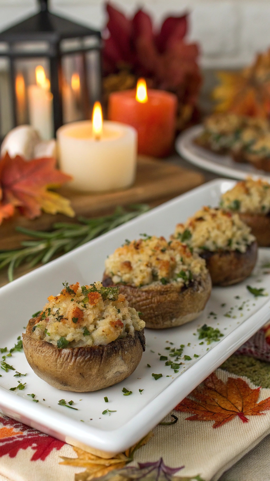 A platter of classic stuffed mushrooms, golden and crispy, surrounded by autumn decorations and candles.