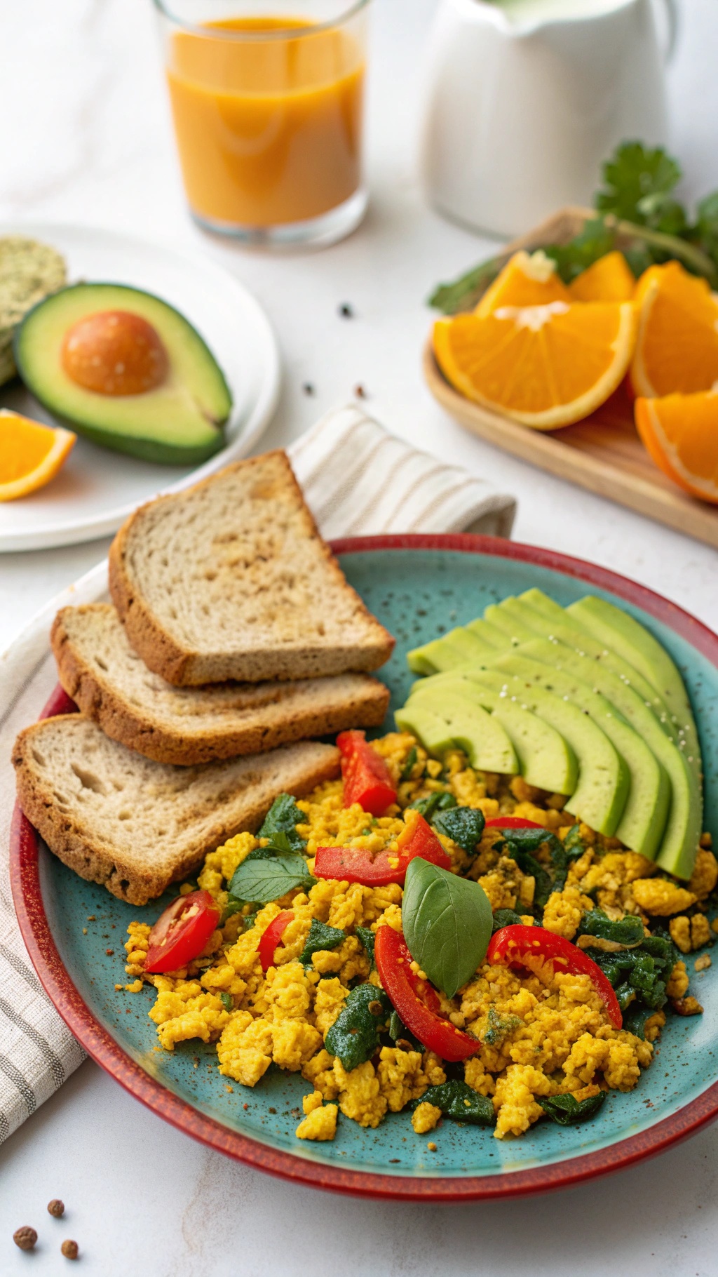 A colorful plate of tofu scramble with spinach and bell peppers, served with whole grain bread and avocado slices.
