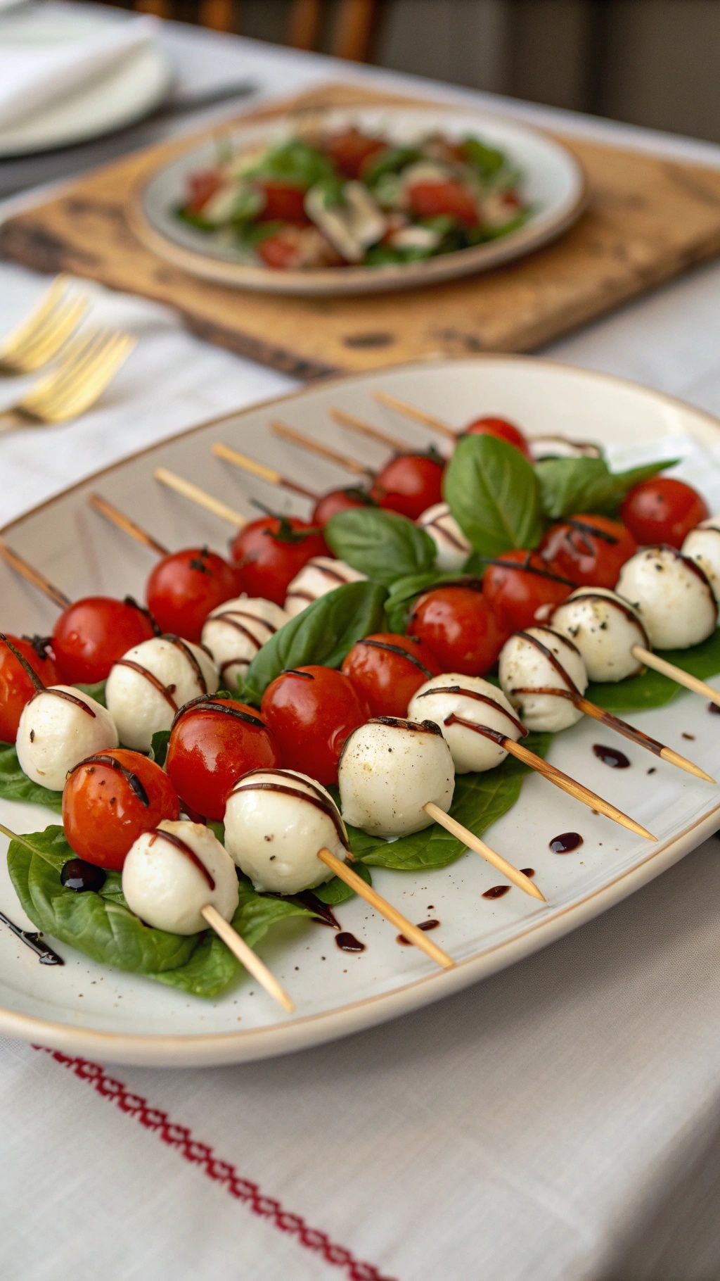 A platter of tomato and mozzarella Caprese bites on skewers, garnished with basil and drizzled with balsamic glaze.