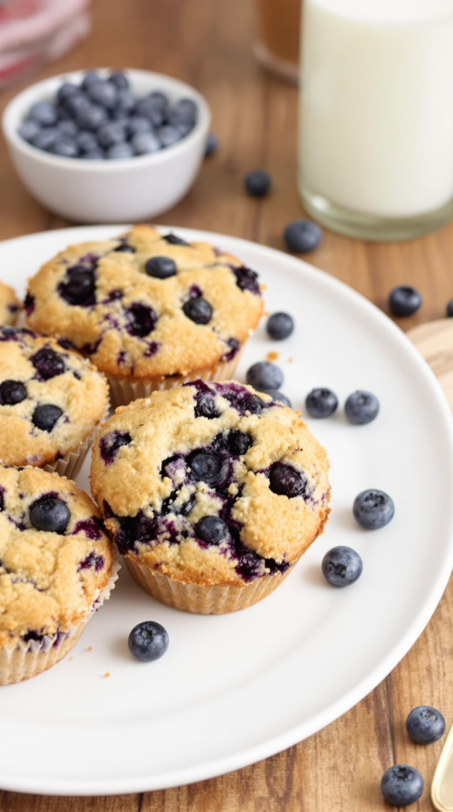 Delicious blueberry protein muffins on a plate with fresh blueberries