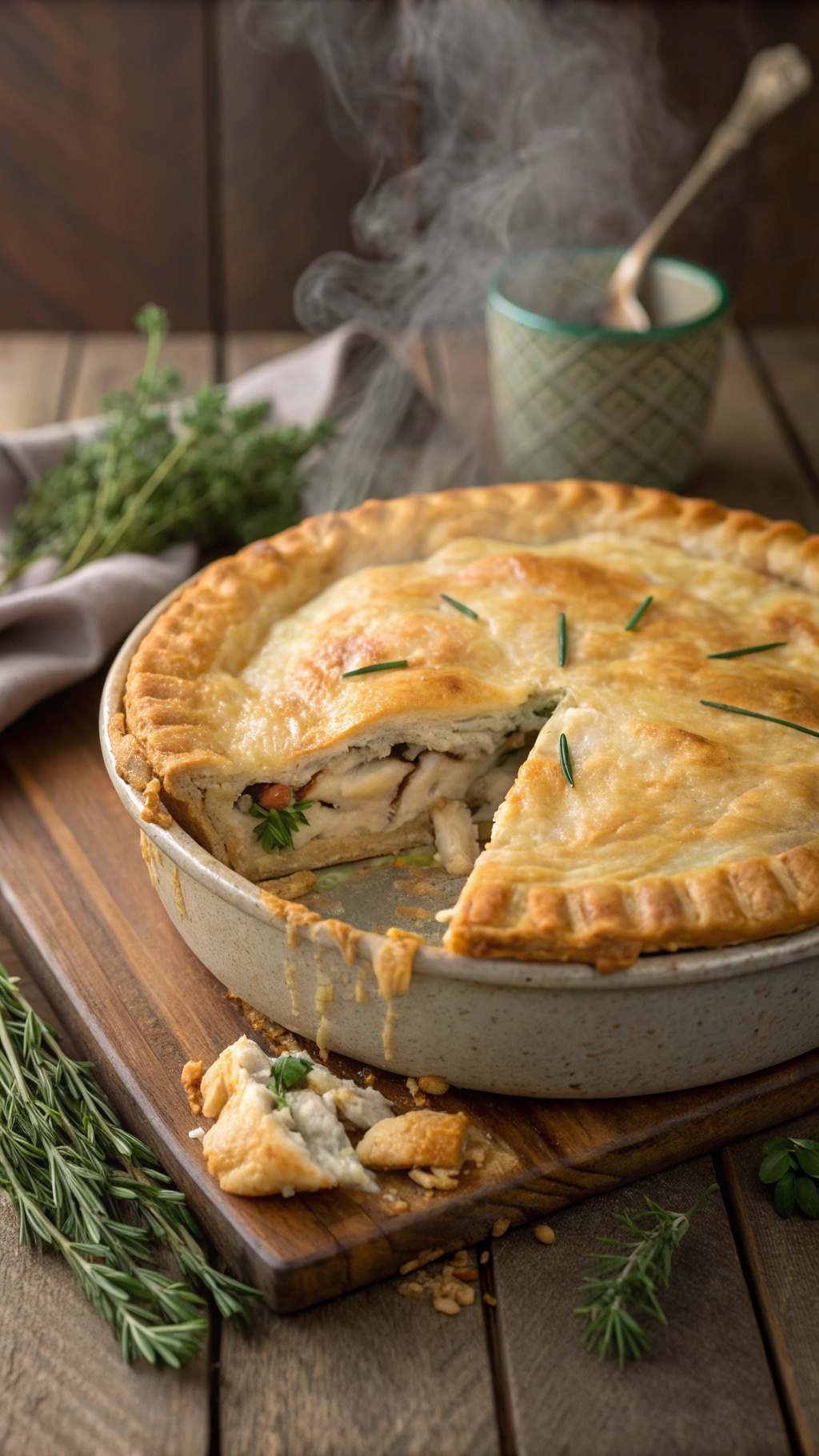 A golden-brown turkey pot pie with steam rising from it, placed on a wooden board with fresh herbs nearby.