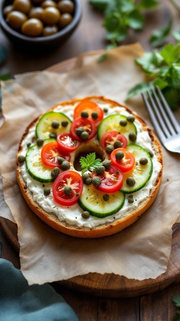 A vegan bagel topped with cream cheese, cucumbers, cherry tomatoes, and capers, served on a wooden board.