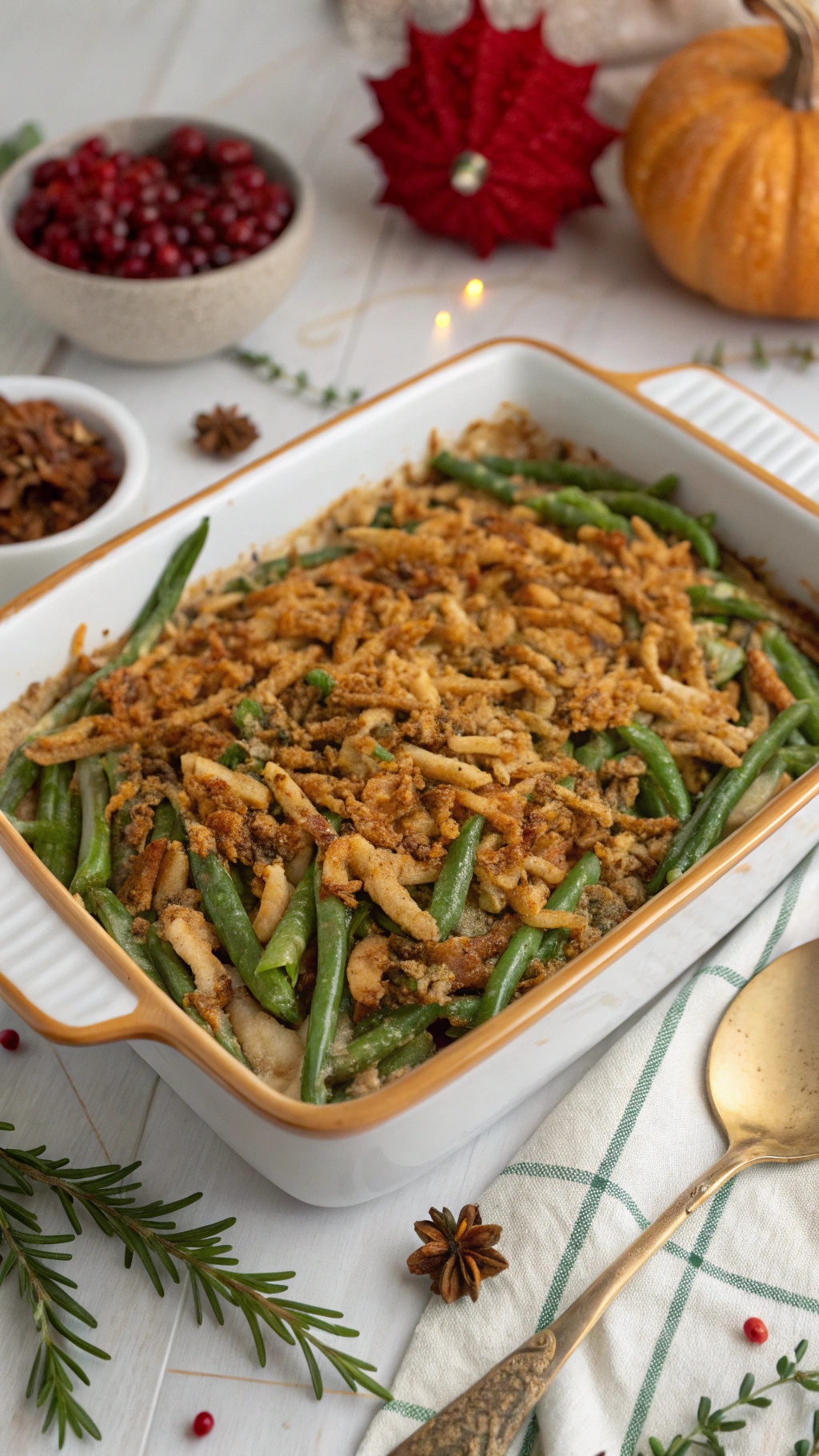 A delicious vegan green bean casserole topped with crispy onions, surrounded by festive decorations.