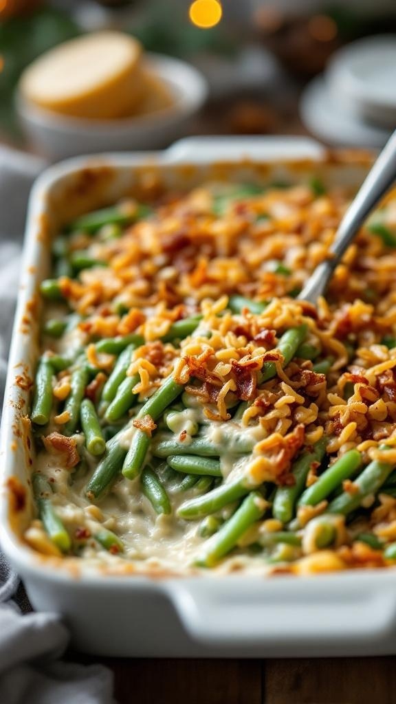 A delicious vegan green bean casserole topped with crispy onions in a baking dish.