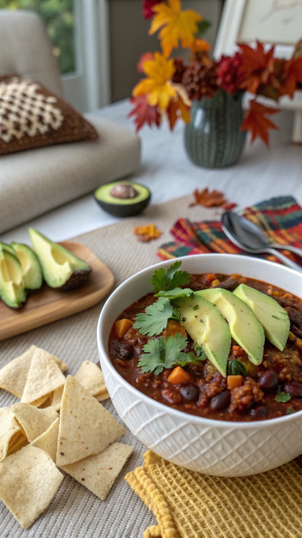 A bowl of vegetable and bean chili topped with avocado slices and cilantro, served with tortilla chips.