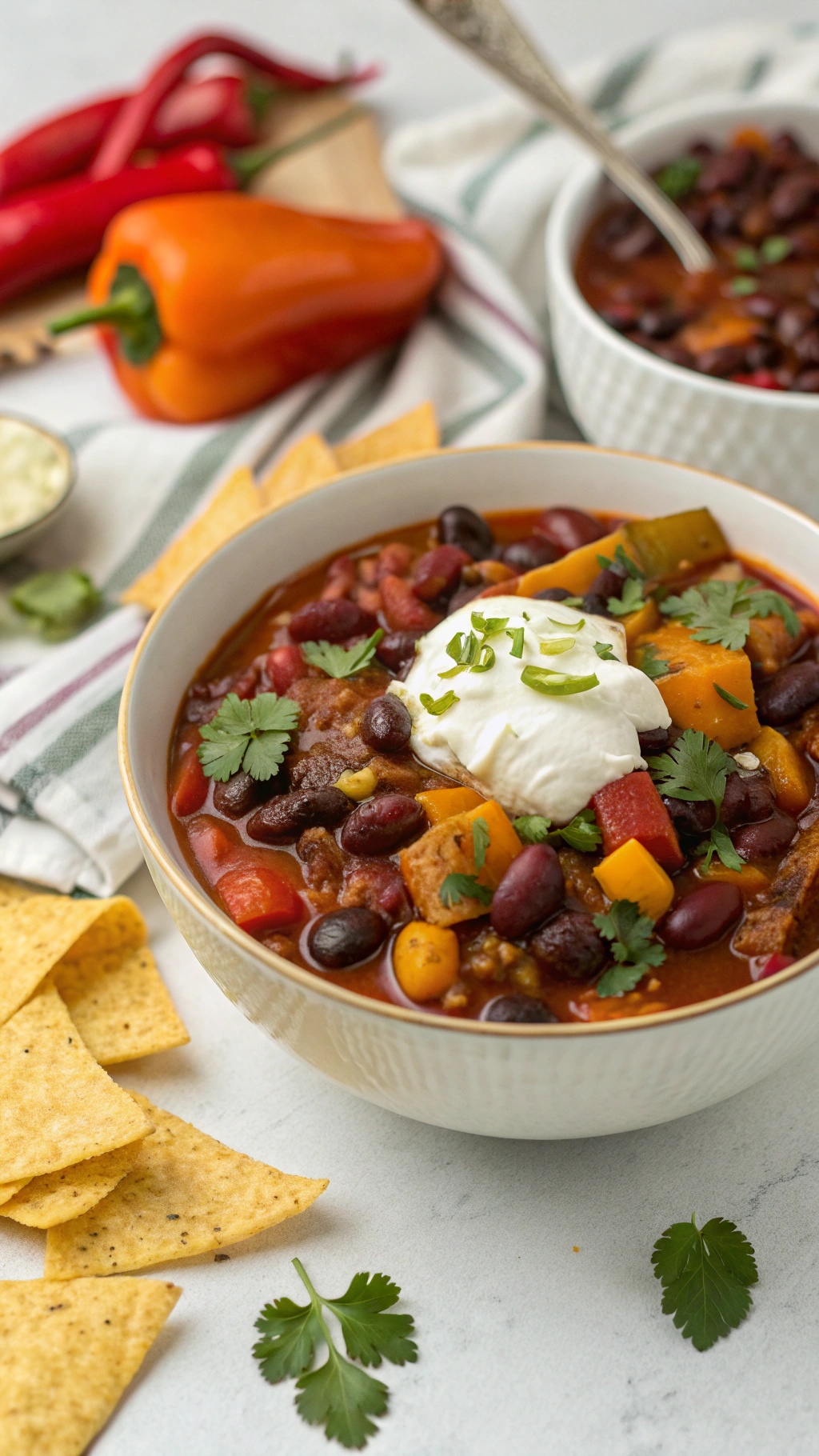 A bowl of vegetable and bean chili topped with sour cream and cilantro, with tortilla chips on the side.