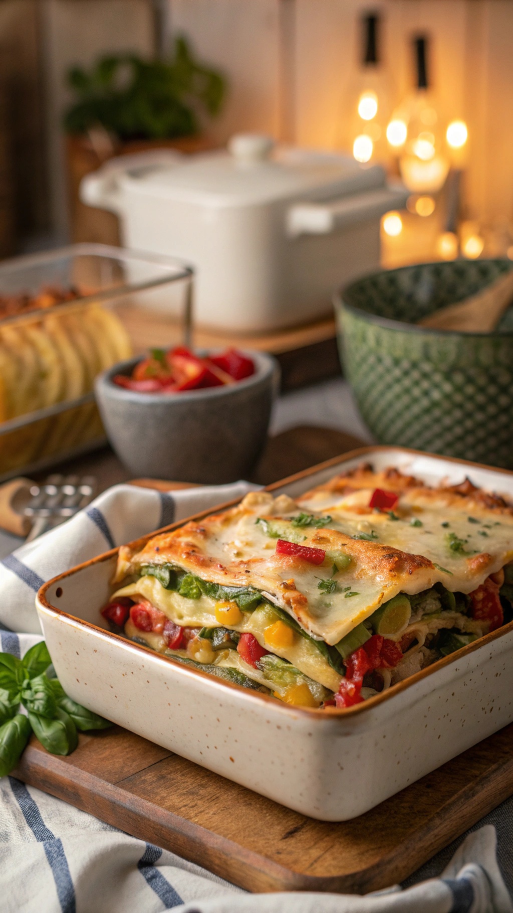 A delicious vegetable lasagna with layers of cheese and colorful vegetables.