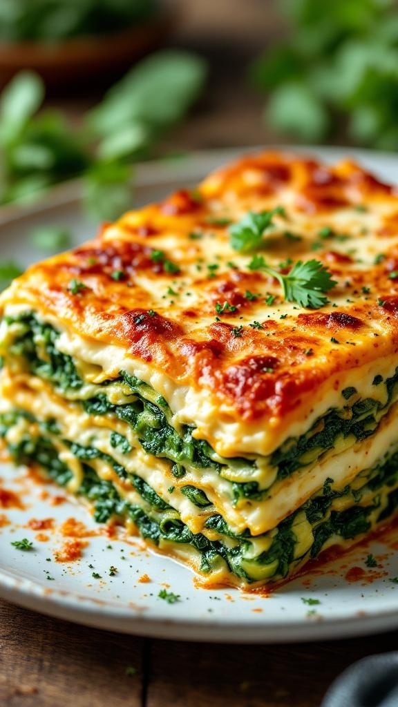 A deliciously layered vegetable lasagna with spinach, cheese, and marinara sauce, garnished with herbs.