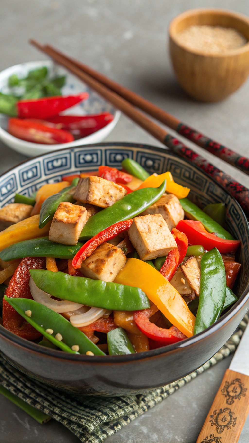 A colorful bowl of vegetable stir-fry with tofu, featuring bell peppers, snap peas, and sesame seeds.