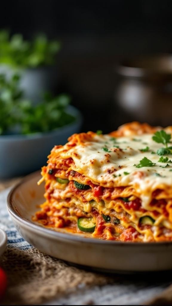 A delicious vegetarian lasagna layered with zucchini, spinach, and cheese, garnished with parsley.