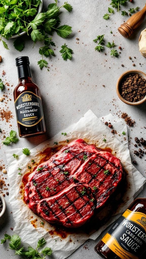A marinated steak with Worcestershire sauce and fresh herbs, ready for grilling.