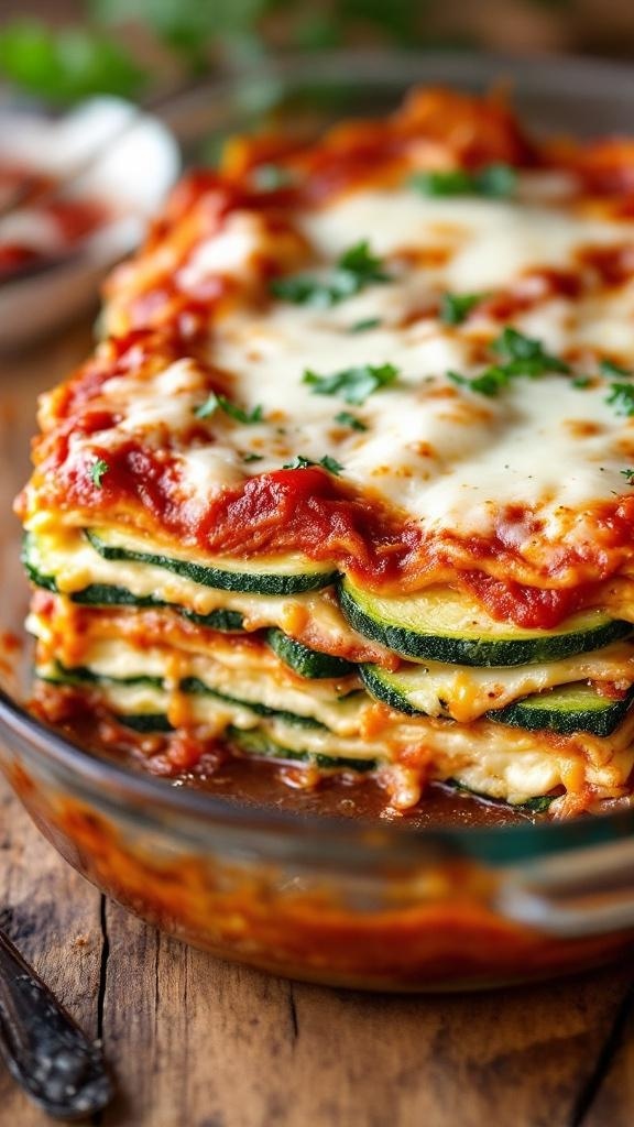 A delicious zucchini lasagna with layers of cheese and marinara sauce.