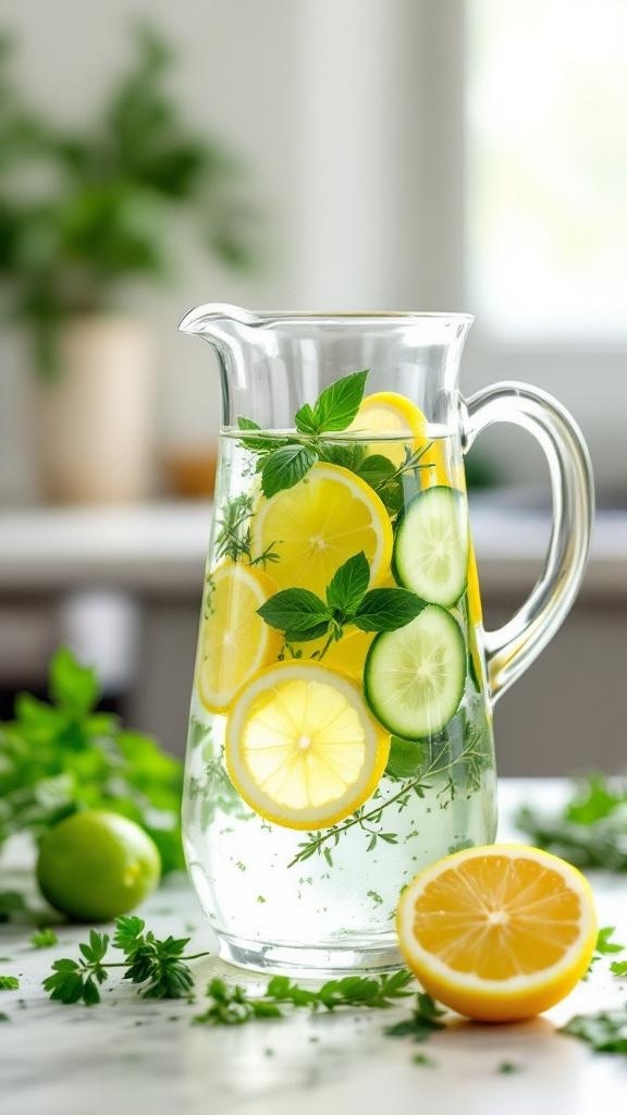 A pitcher of lemon detox water with lemon slices, cucumber, and mint leaves.