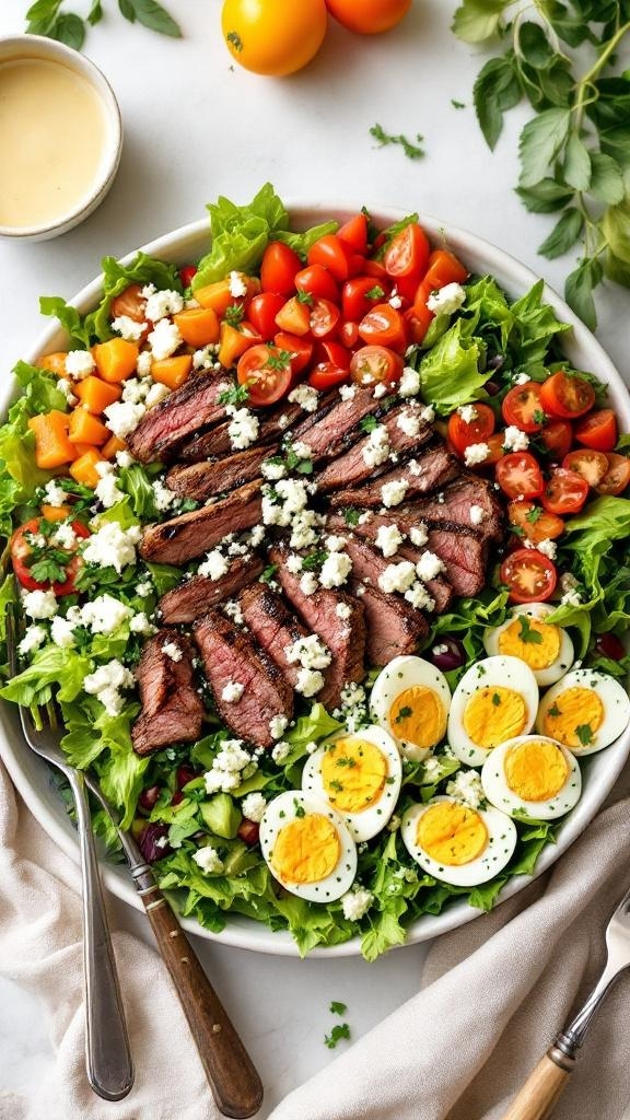 A colorful Cobb salad featuring grilled steak, blue cheese, cherry tomatoes, and hard-boiled eggs on a bed of greens.