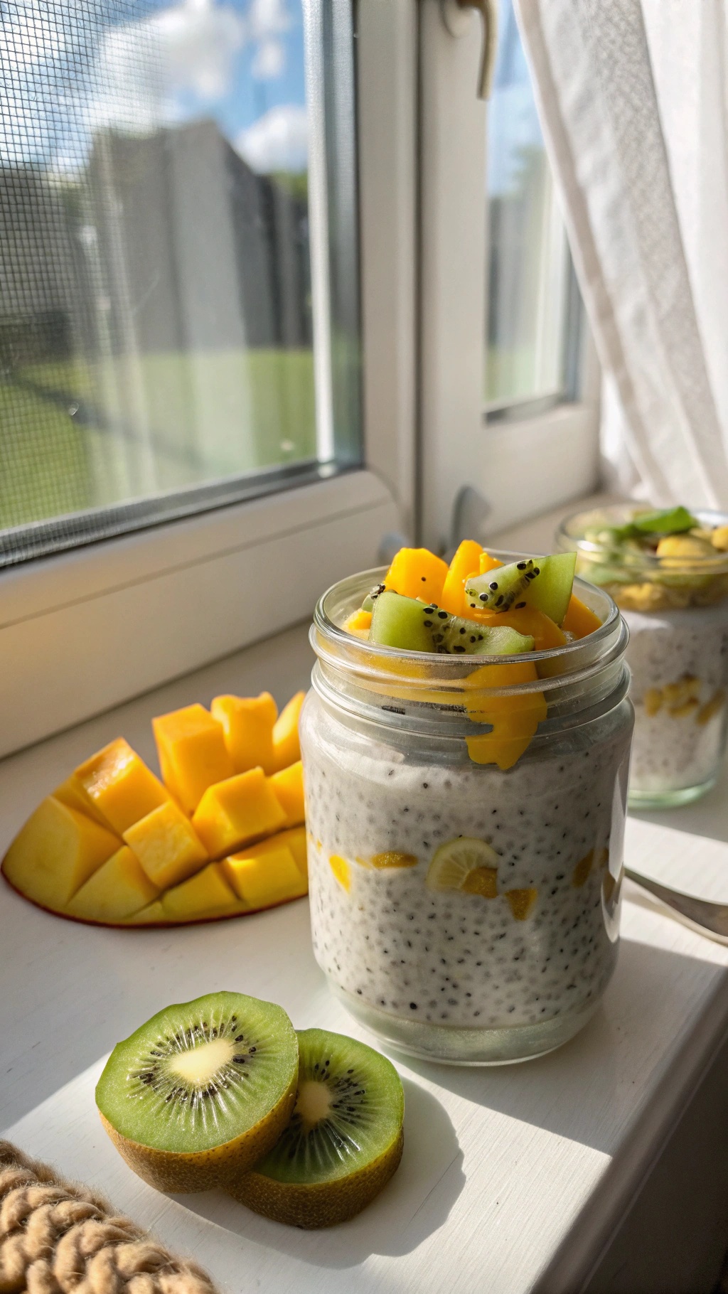 A jar of coconut chia seed pudding topped with mango and kiwi slices, with fresh mango pieces beside it.