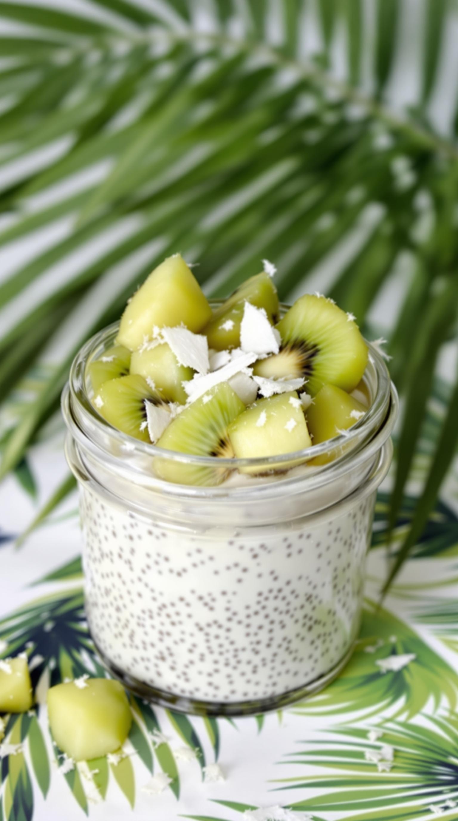 A jar of coconut chia seed pudding topped with kiwi and coconut flakes, surrounded by tropical leaves.