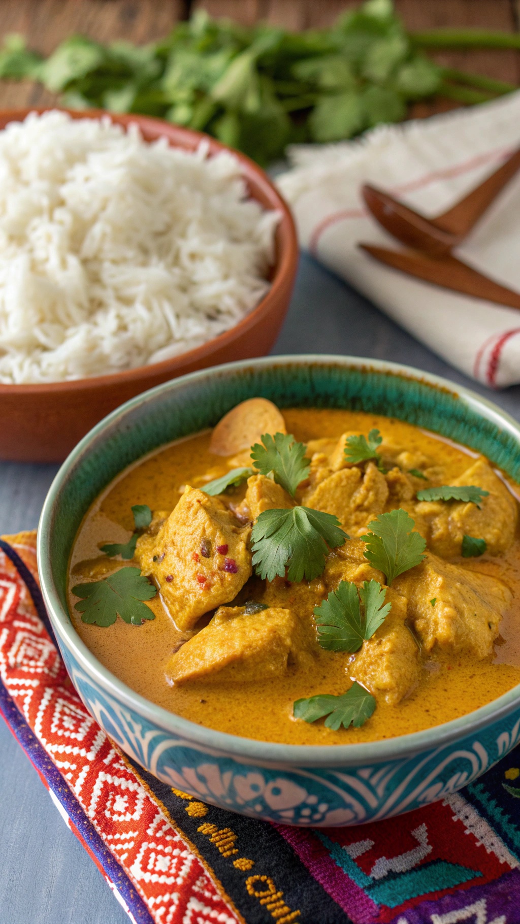 A bowl of coconut curry chicken with cilantro on top, served with a side of rice.