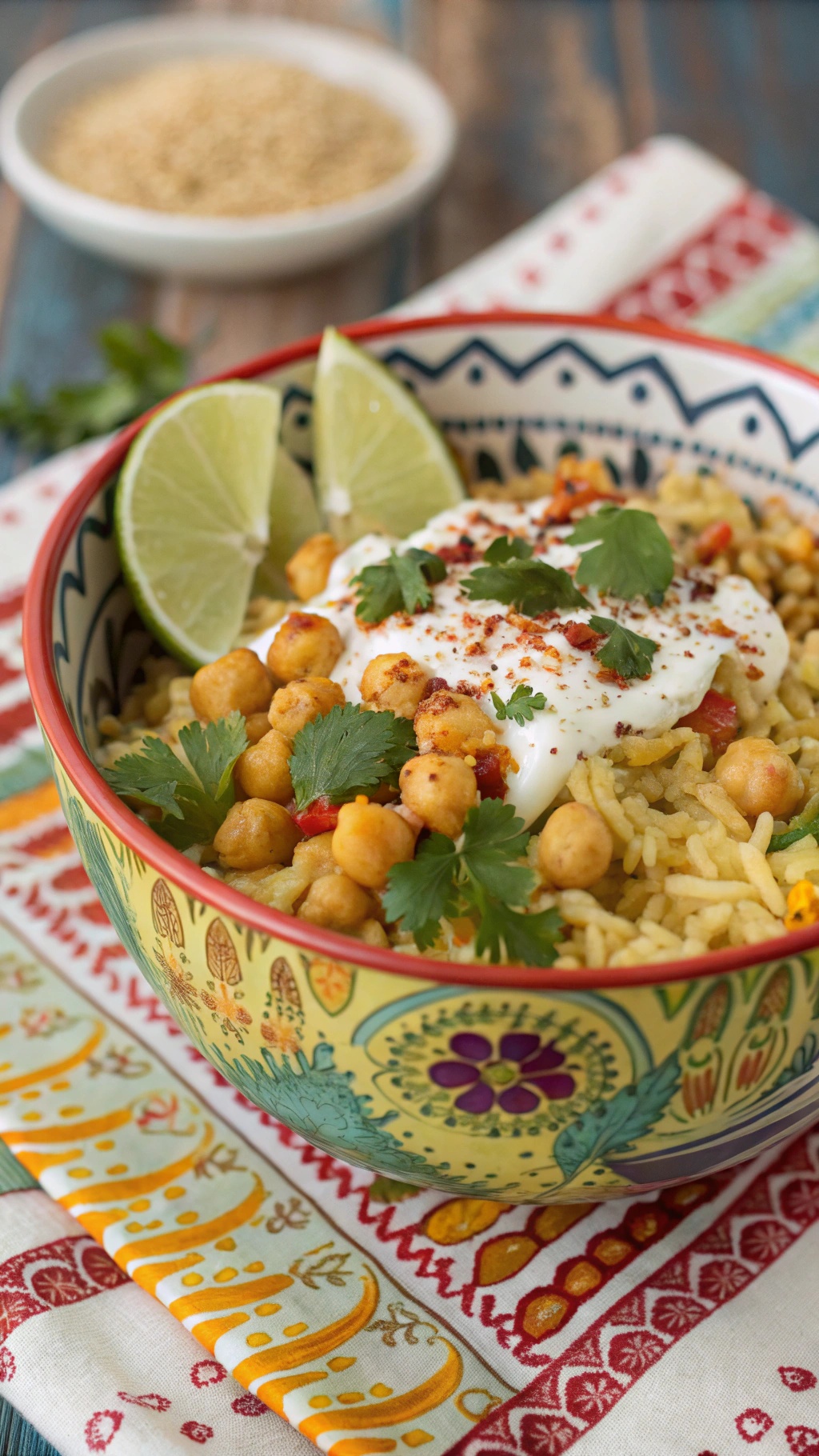 A colorful bowl of Coconut Curry Rice with Chickpeas, garnished with cilantro and lime.