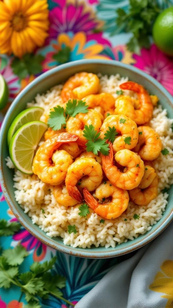 A bowl of Coconut Curry Shrimp with Cauliflower Rice, garnished with cilantro and lime.