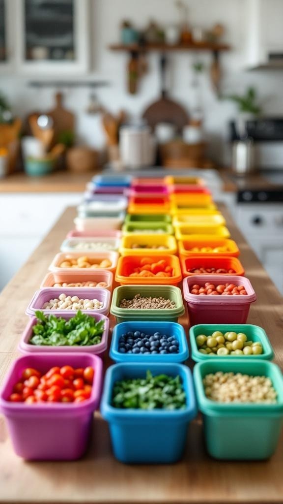 Color-coded meal prep containers filled with various fresh ingredients arranged on a kitchen table.