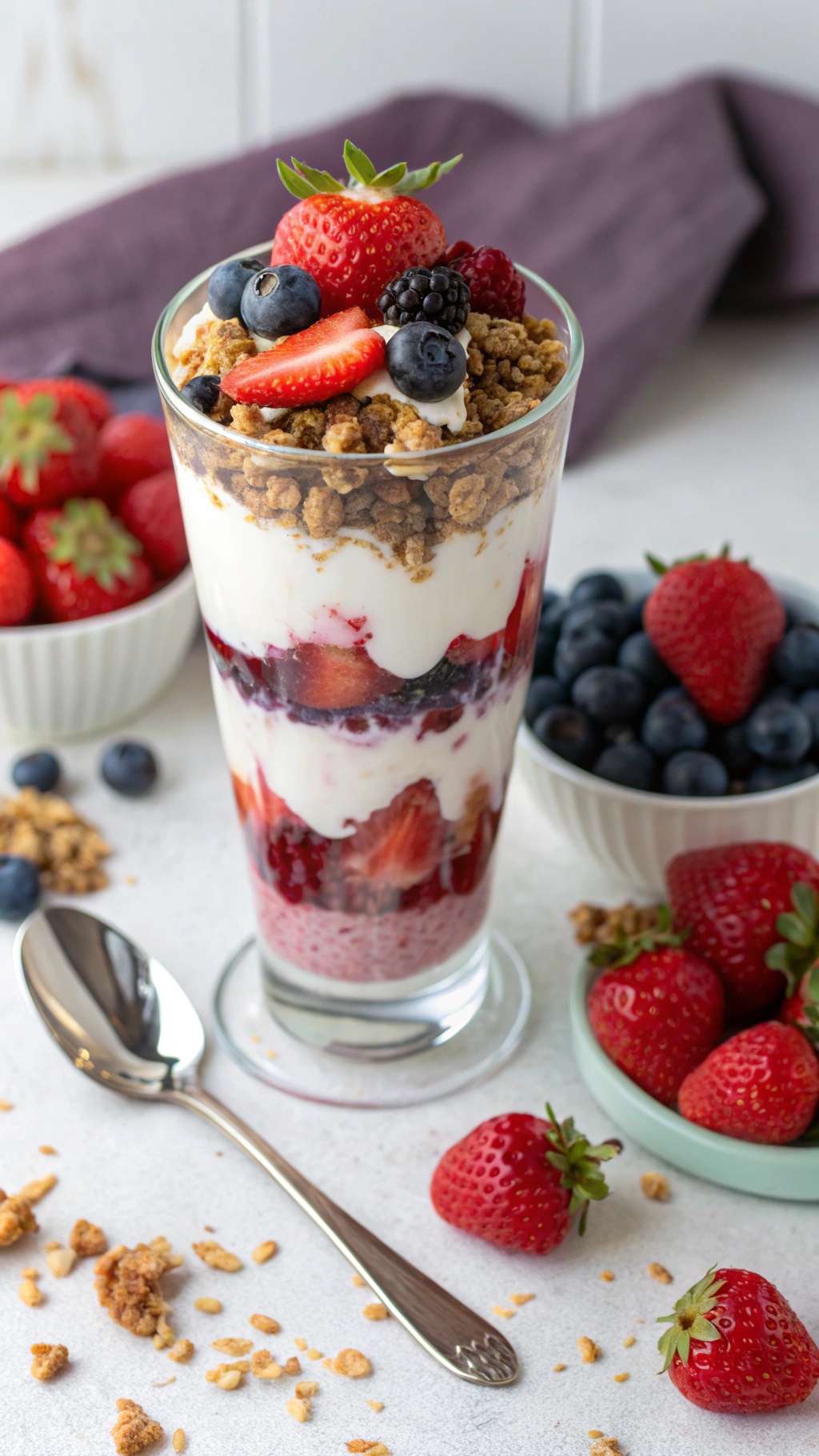 A colorful Greek yogurt parfait with layers of yogurt, berries, and granola in a glass.