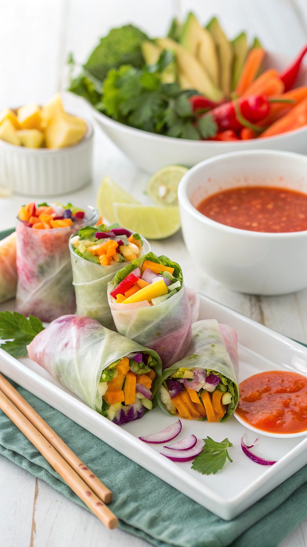 Colorful vegetable spring rolls with dipping sauce on a plate, surrounded by fresh vegetables.