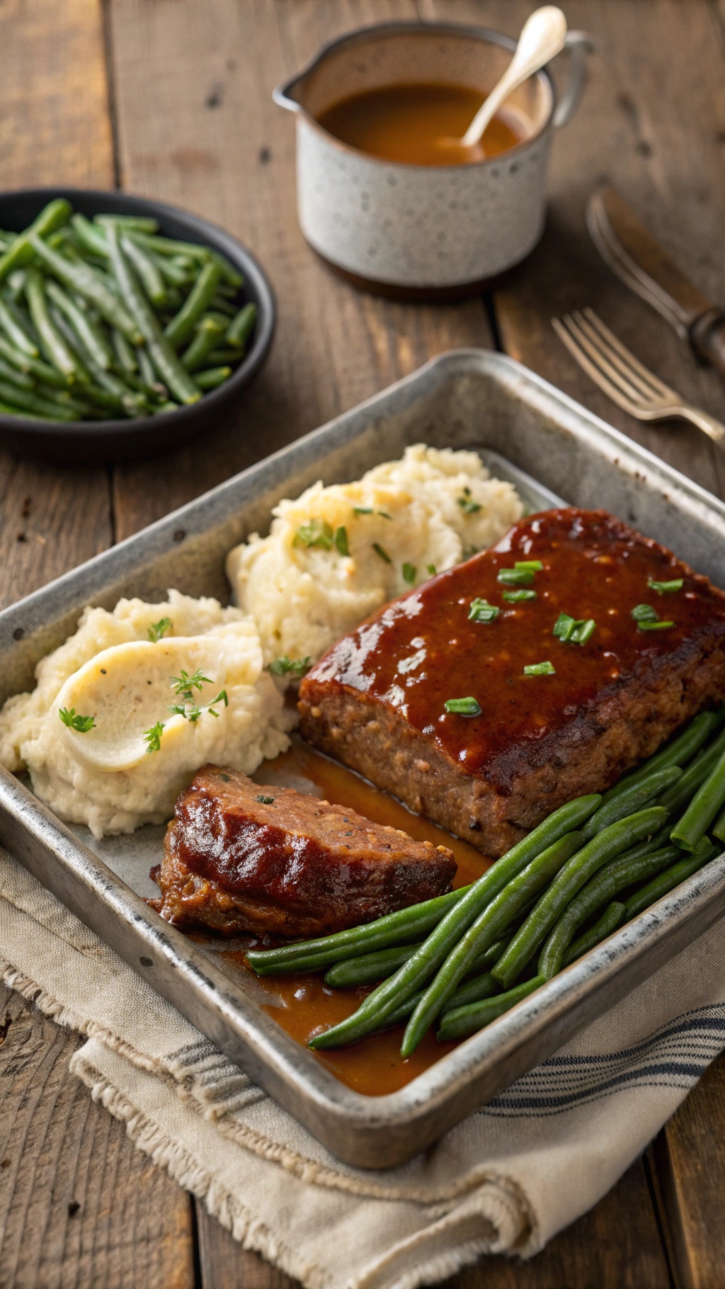 A delicious sheet pan meal featuring meatloaf, mashed potatoes, and green beans.