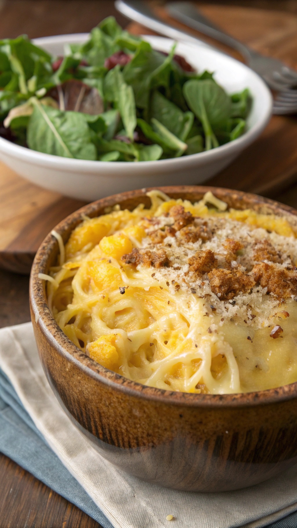 A bowl of spaghetti squash mac and cheese topped with breadcrumbs, served with a side salad.