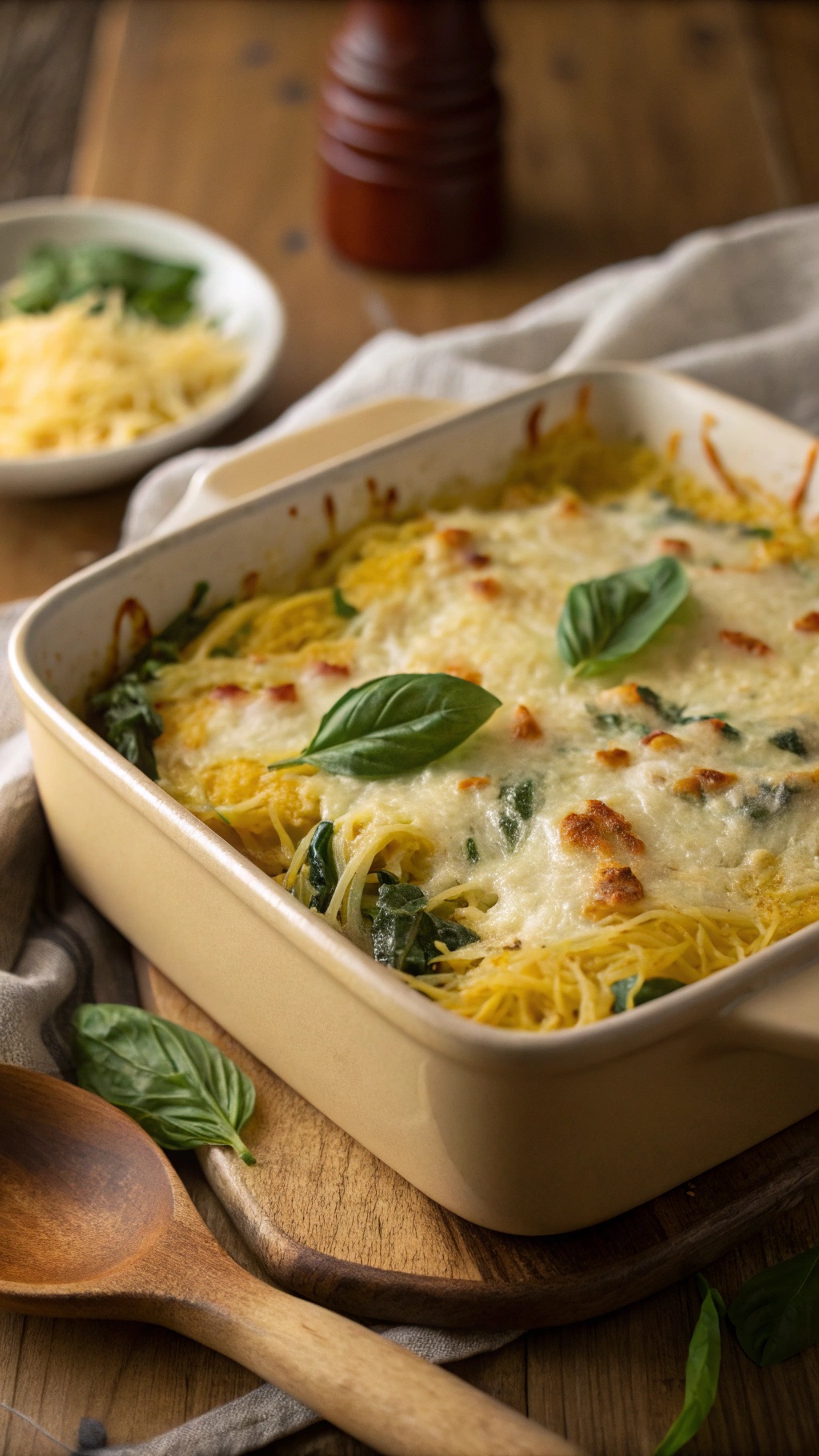 A cheesy spaghetti squash bake topped with fresh basil in a baking dish.