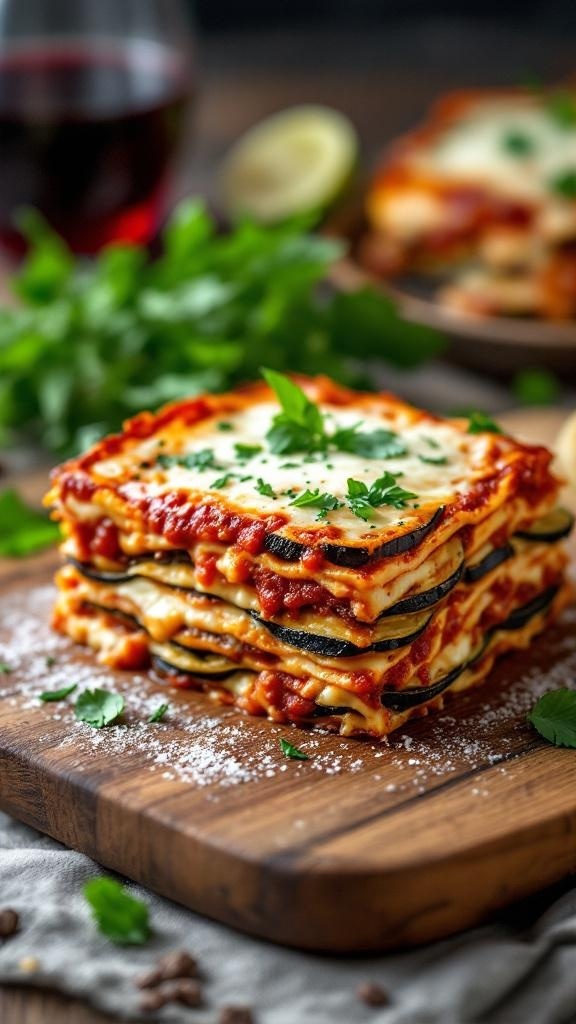 A delicious stack of eggplant lasagna with marinara sauce and cheese, garnished with fresh herbs.