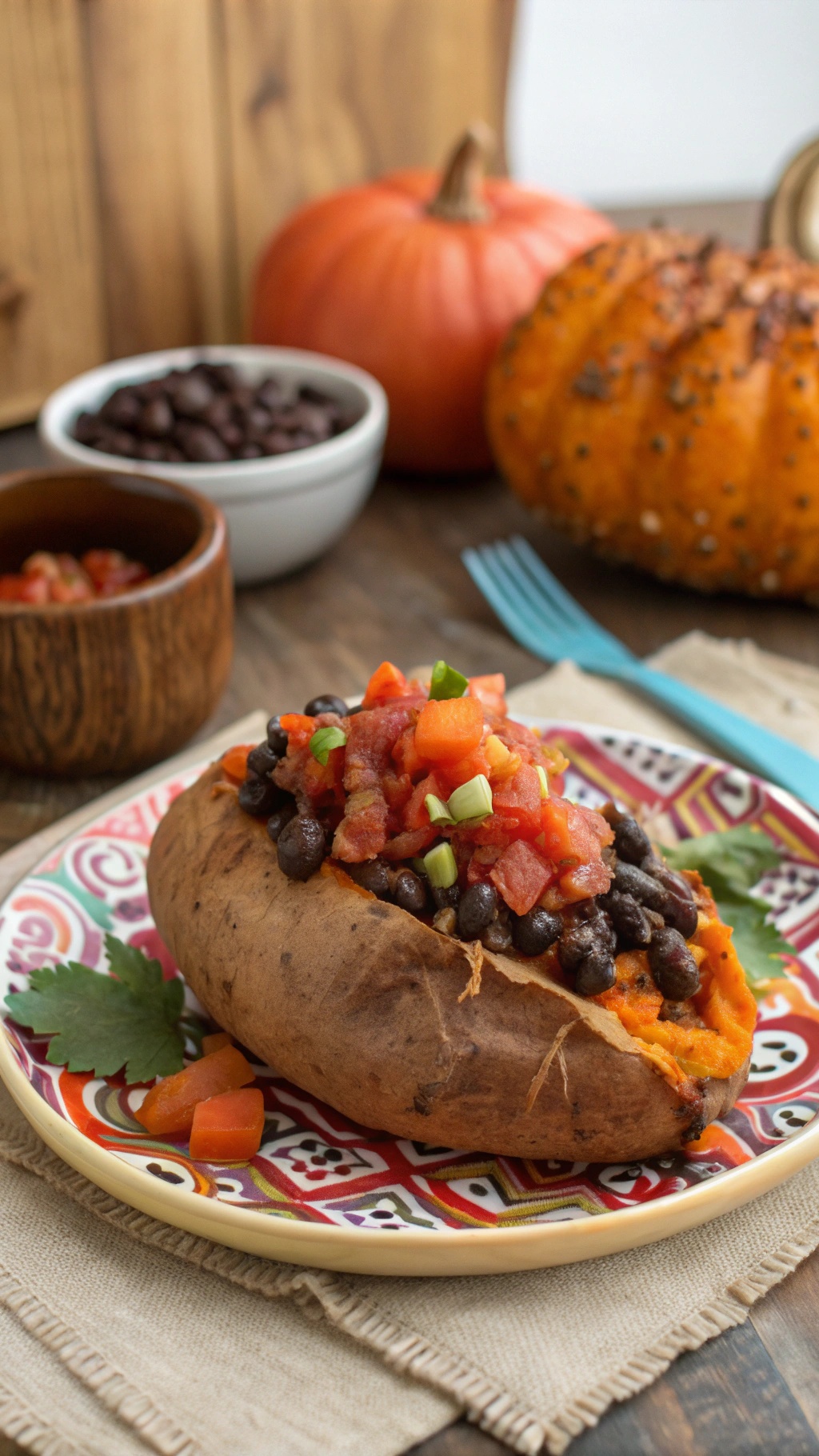 Baked sweet potato topped with black beans and salsa on a colorful plate, with pumpkins in the background.