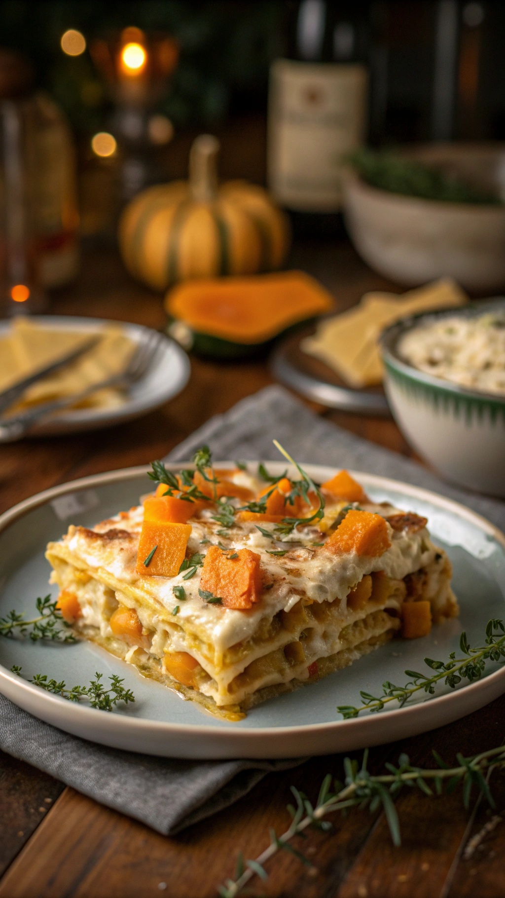A slice of butternut squash lasagna on a plate, garnished with herbs and surrounded by fall decor.