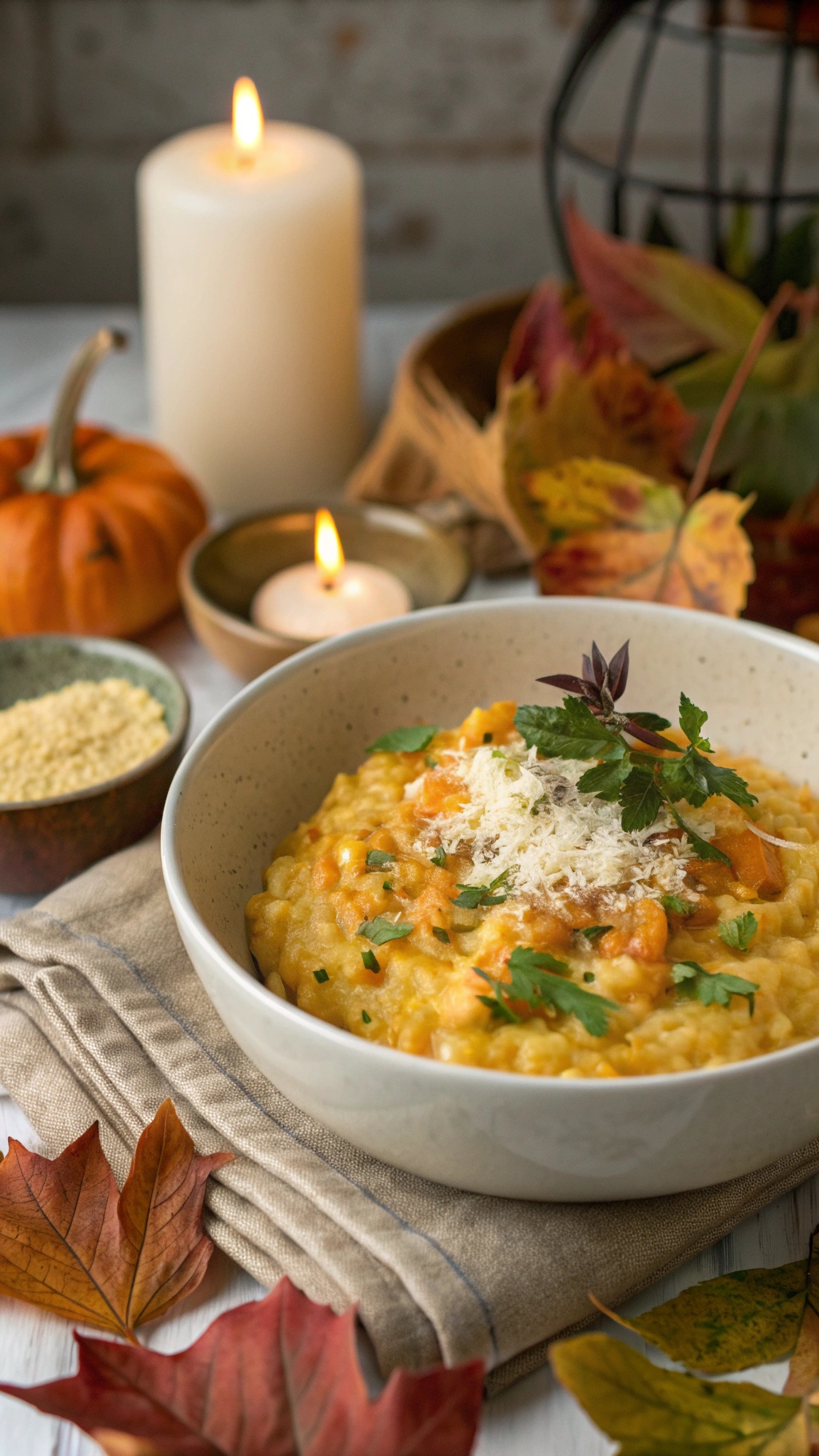A bowl of butternut squash risotto topped with herbs and cheese, surrounded by autumn leaves and candles.