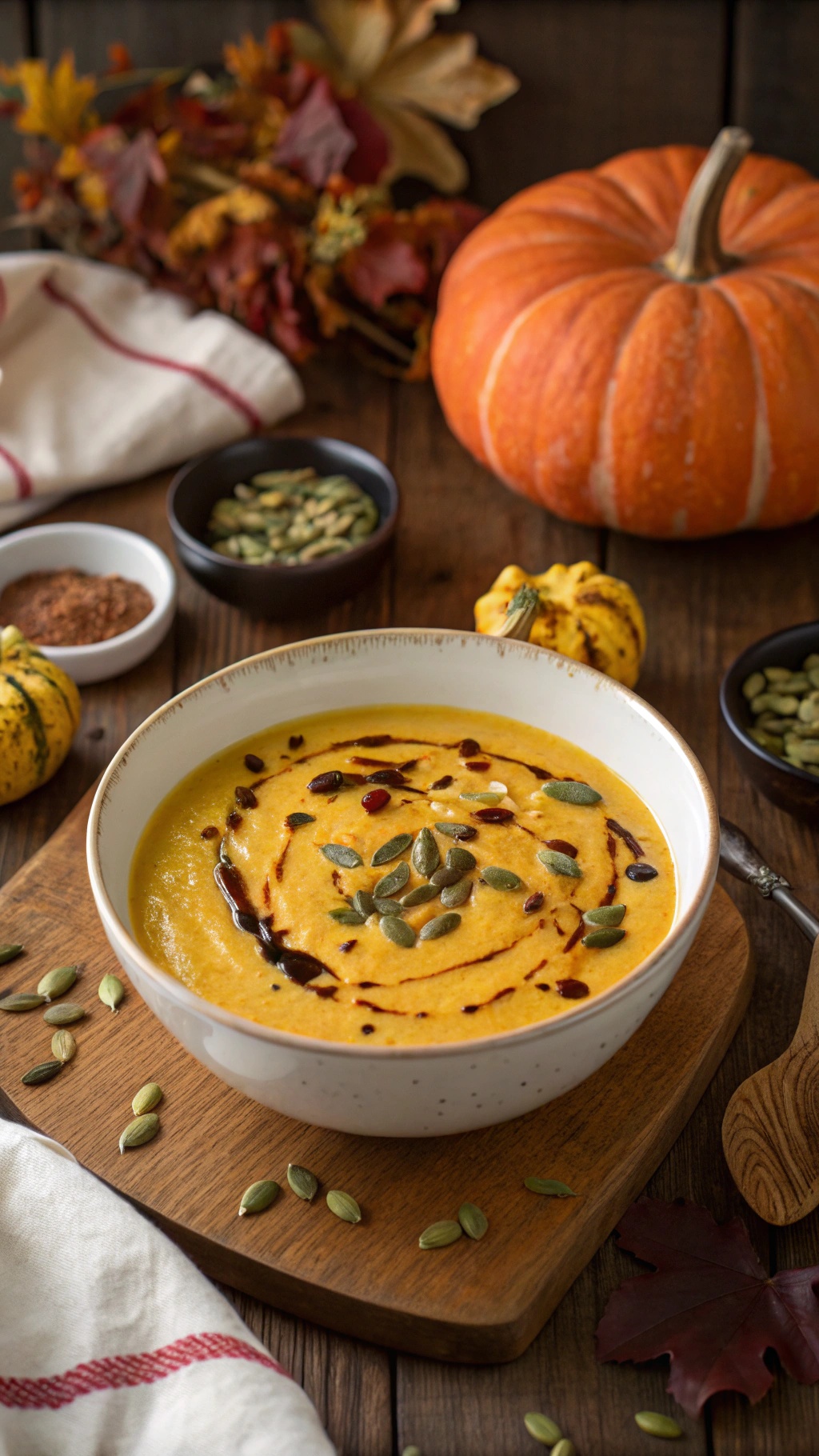 A bowl of creamy butternut squash soup garnished with pumpkin seeds, surrounded by autumn decorations.