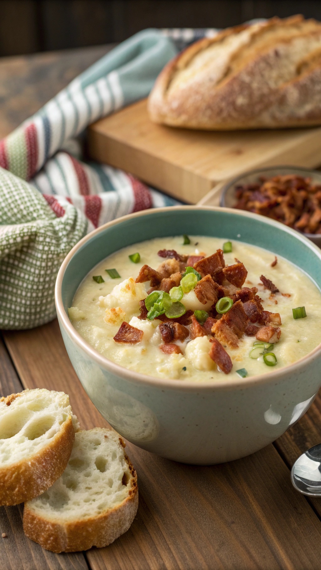 A bowl of creamy cauliflower chowder topped with bacon and green onions, alongside slices of crusty bread.