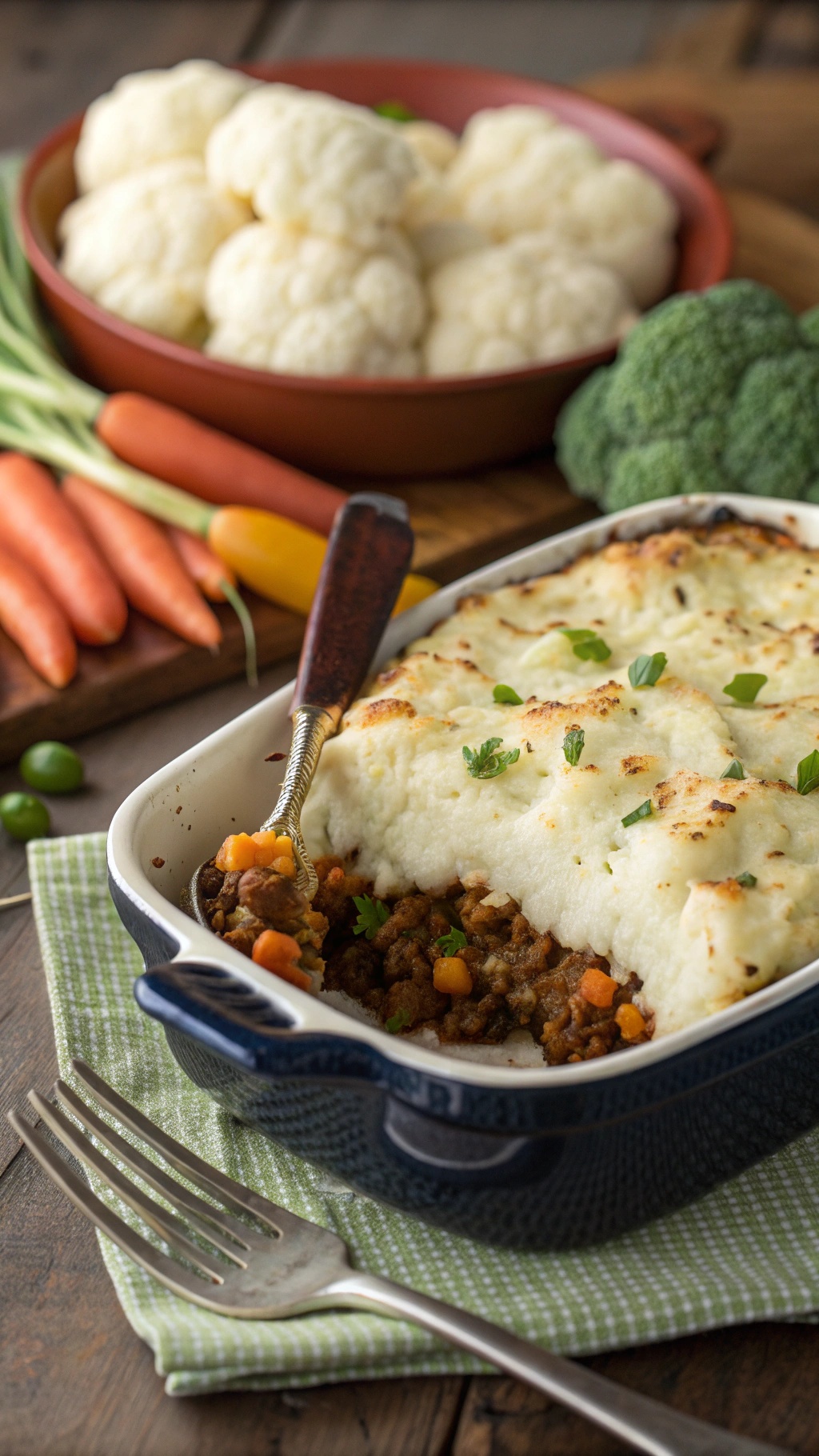 A comforting cauliflower shepherd's pie with a golden topping and colorful vegetable filling, surrounded by fresh vegetables.