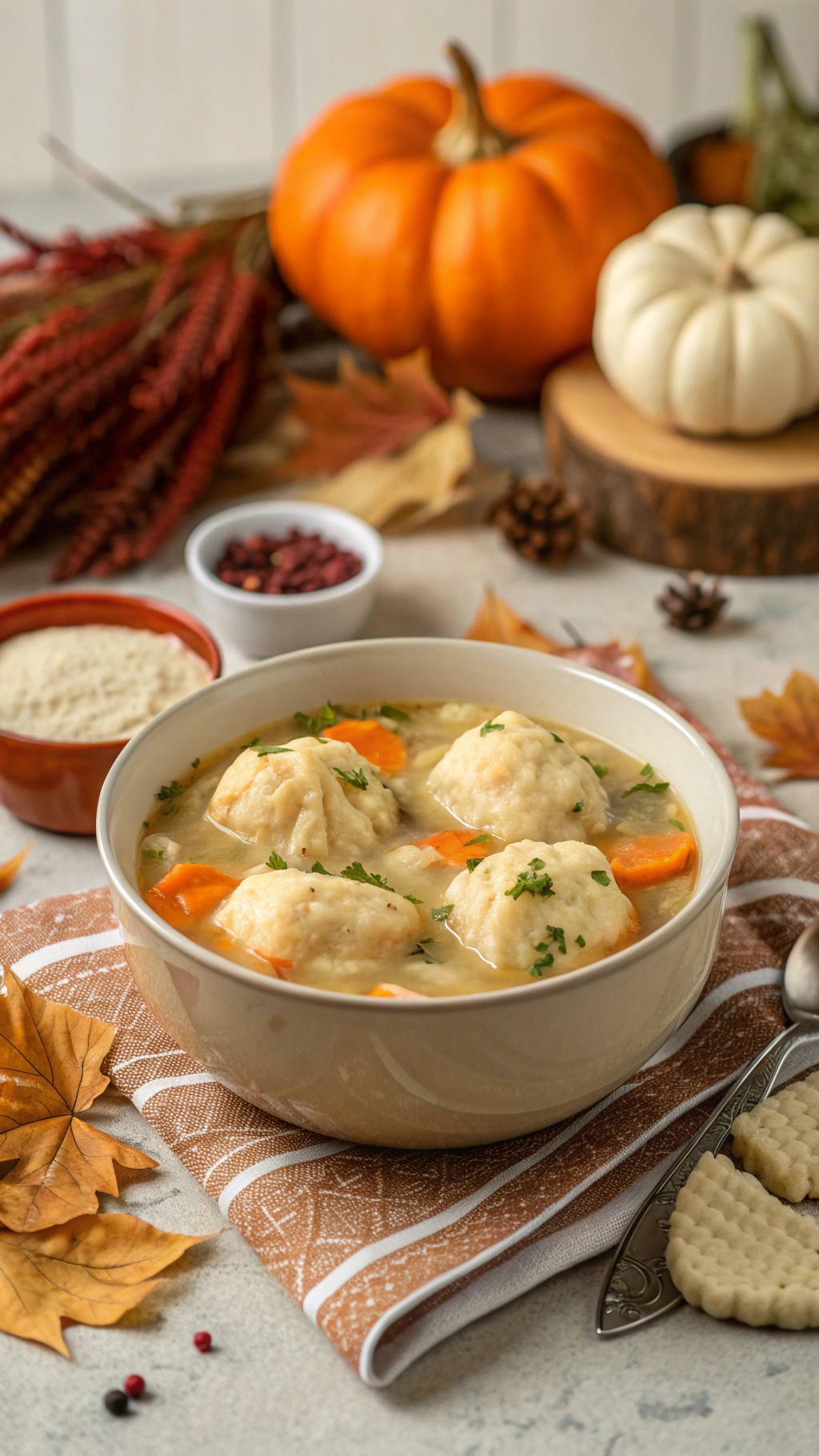 A bowl of chicken and dumplings with carrots and herbs, surrounded by autumn decorations.