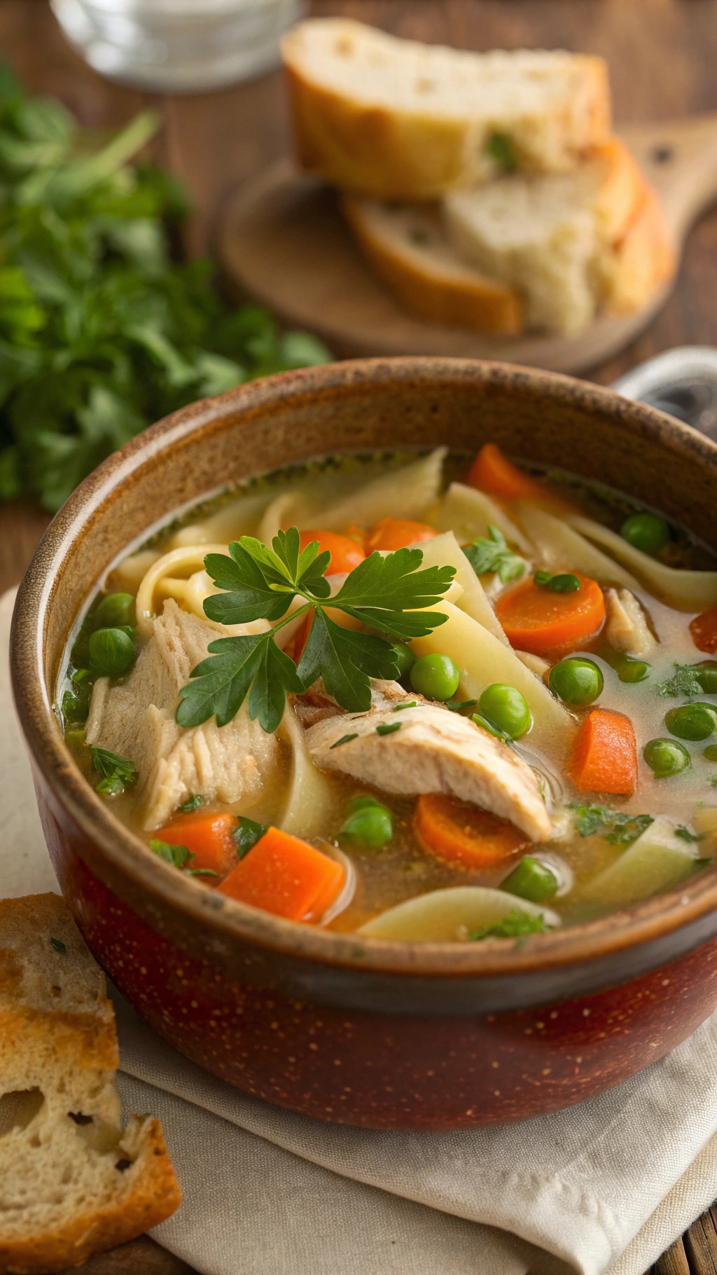 A bowl of chicken noodle soup with carrots, peas, and chicken, garnished with parsley, next to slices of bread.