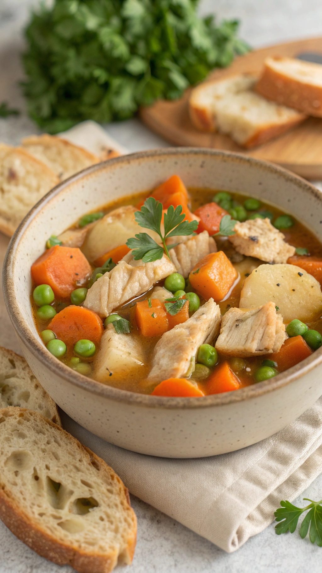 A bowl of hearty chicken and vegetable stew with slices of bread on the side.