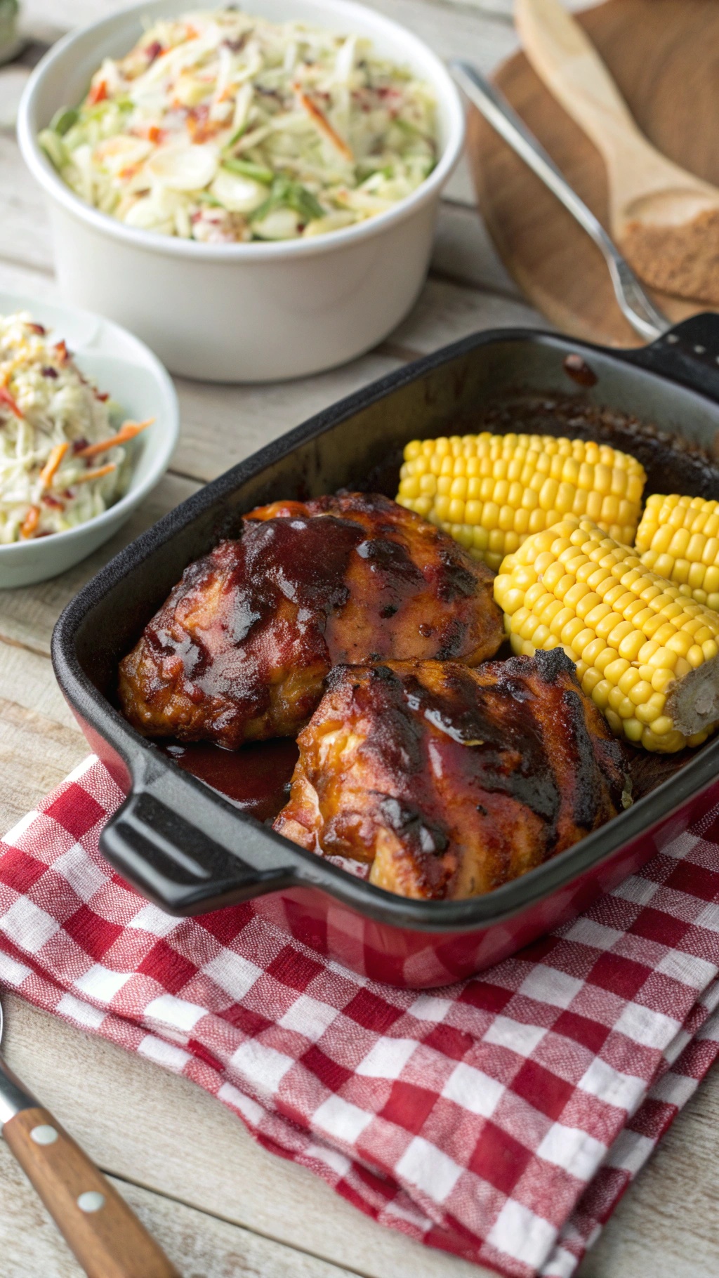 One-pan BBQ chicken thighs with corn and coleslaw on a red and white checkered cloth.