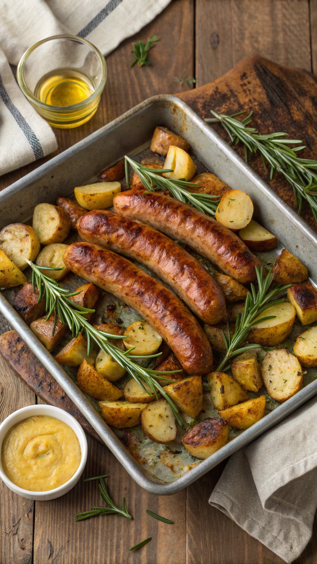 One-pan sausage and potato bake with rosemary on a sheet pan.