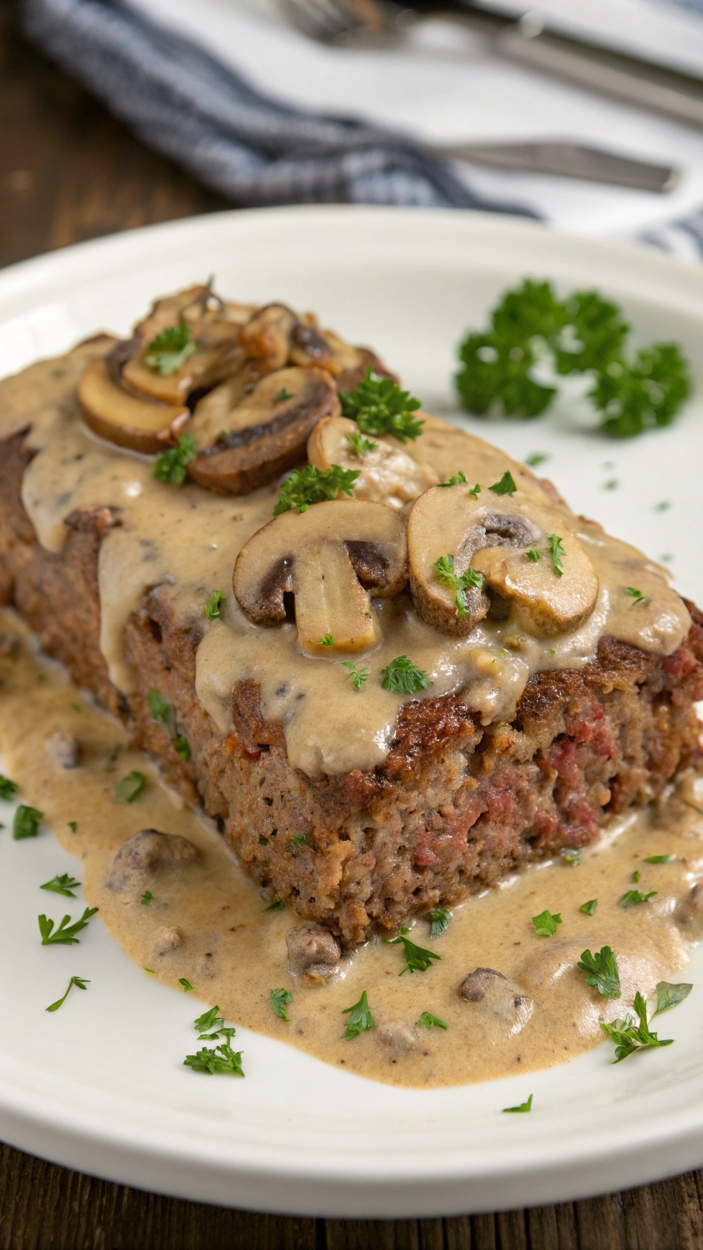 Creamy mushroom and beef meatloaf served with sauce and parsley