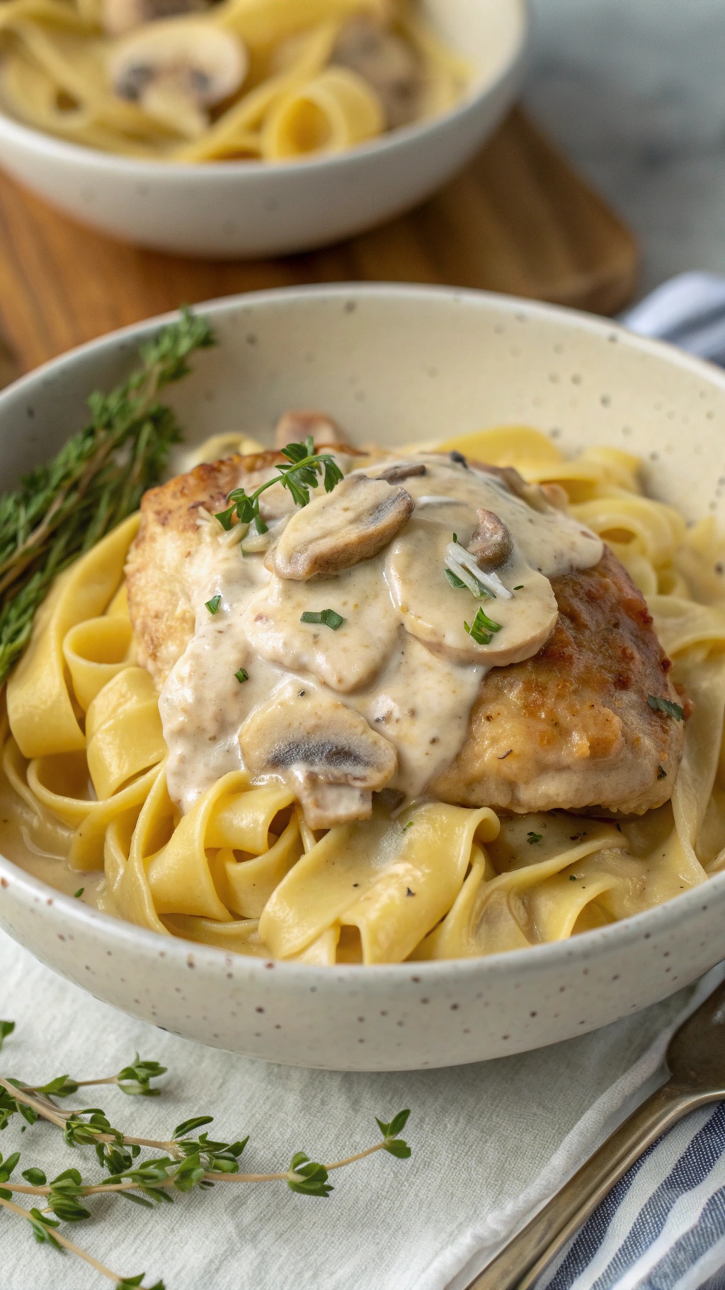 A bowl of creamy mushroom chicken thighs served over fettuccine, garnished with thyme.