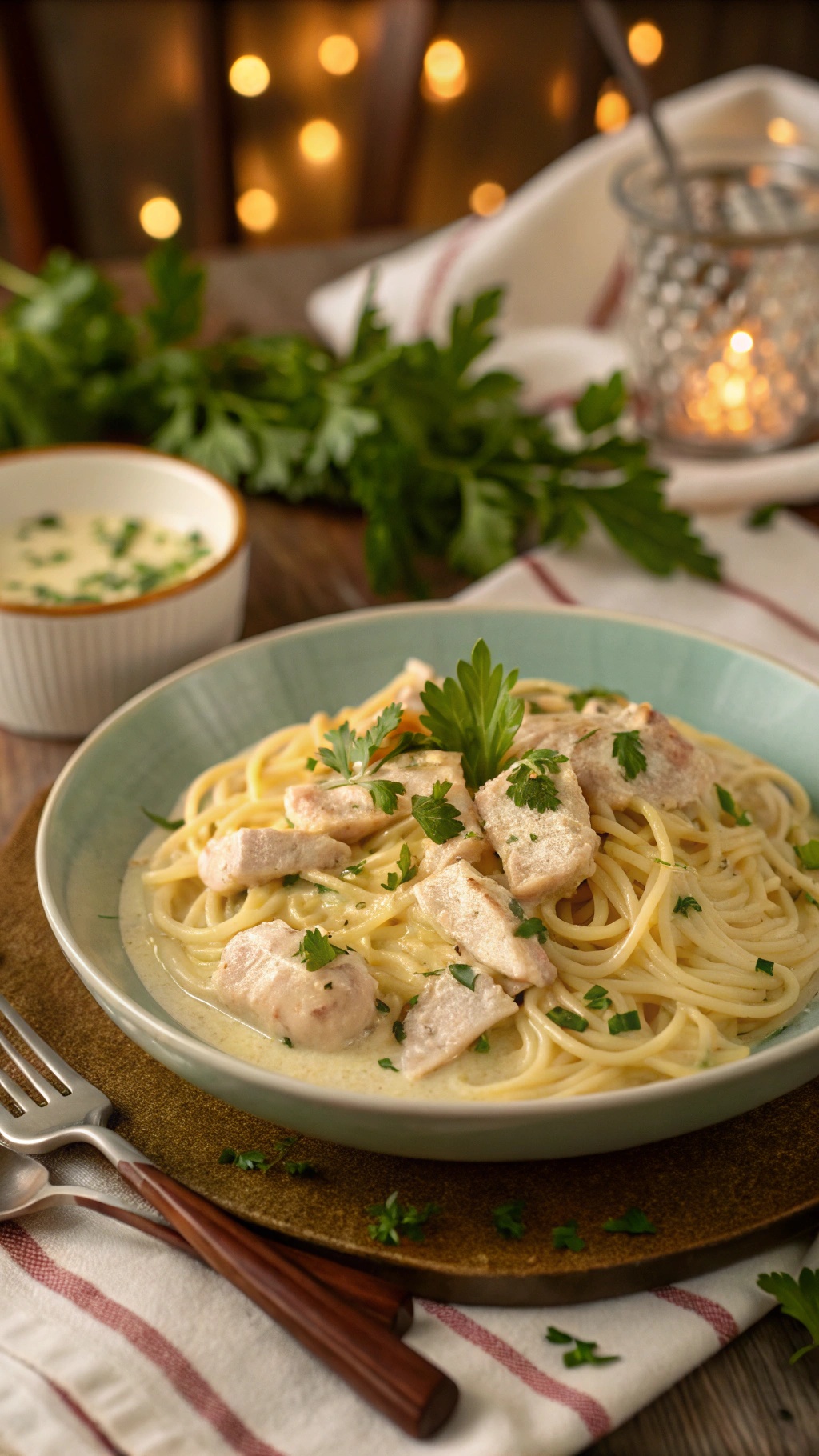 A bowl of gluten-free spaghetti with chicken Alfredo, garnished with parsley, served with a side of extra sauce.