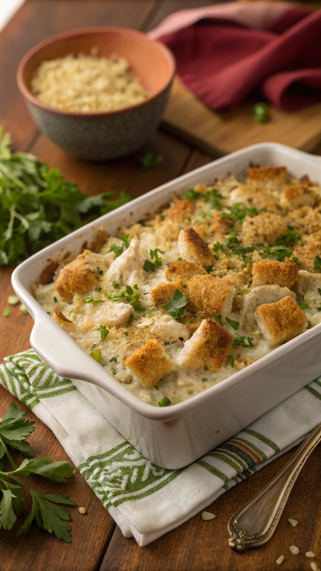 A comforting chicken and rice casserole topped with crispy bread crumbs and garnished with parsley.