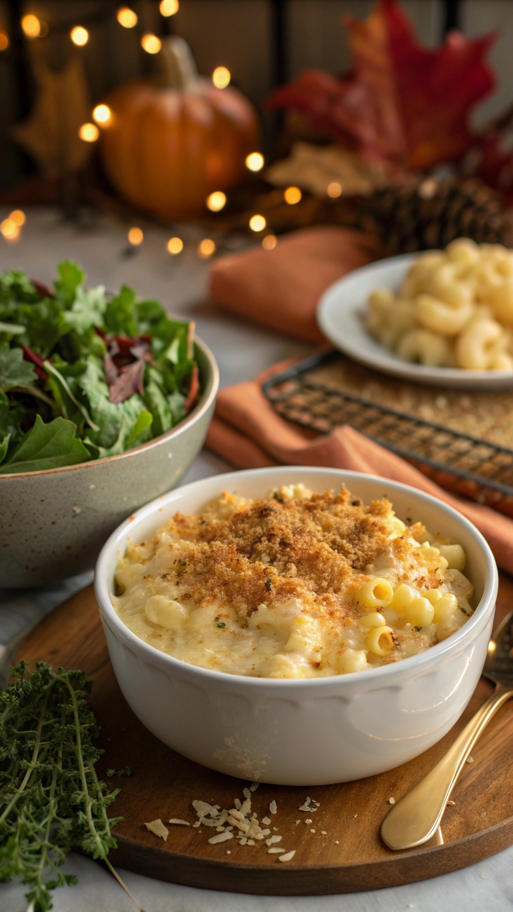 A comforting bowl of macaroni and cheese topped with breadcrumbs, served with a side salad and a pumpkin in the background.