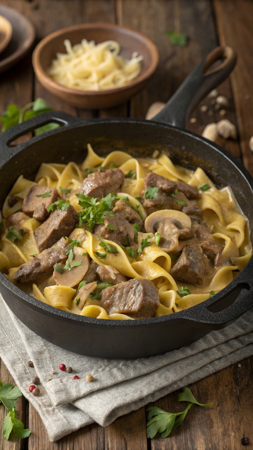 A delicious one-pot beef stroganoff with egg noodles and mushrooms, garnished with parsley.