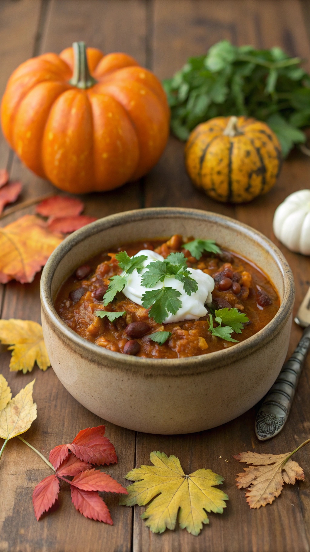 A bowl of pumpkin chili topped with cilantro and sour cream, surrounded by autumn leaves and pumpkins.