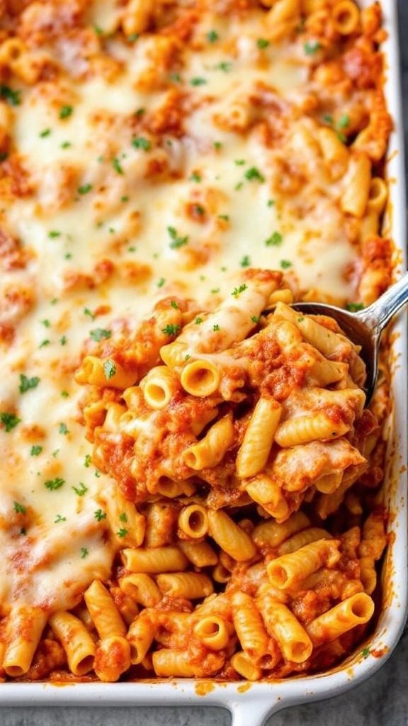 A delicious serving of vegan baked ziti topped with melted cheese and parsley.